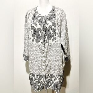 Chico’s bohemian shirt patchwork paisley black white summer casual women’s XL